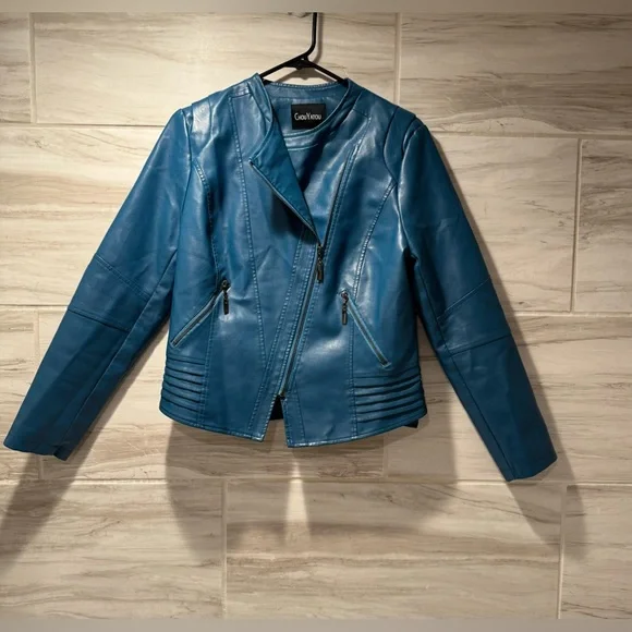 Chouyatou Women Casual Collarless
Cropped Pu Leather Biker Jacket Size Medium - Picture 5 of 13